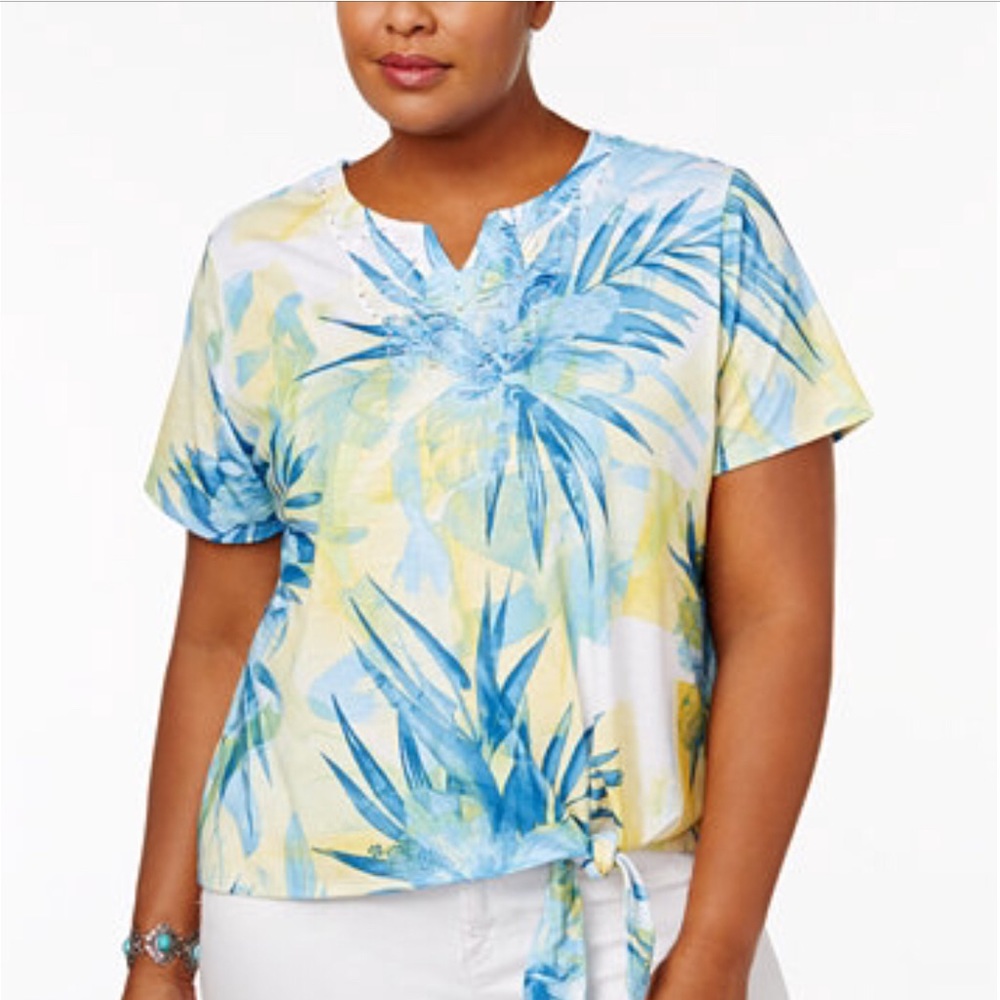 Tropical Design Tie Front Studded V Neck S/S Top